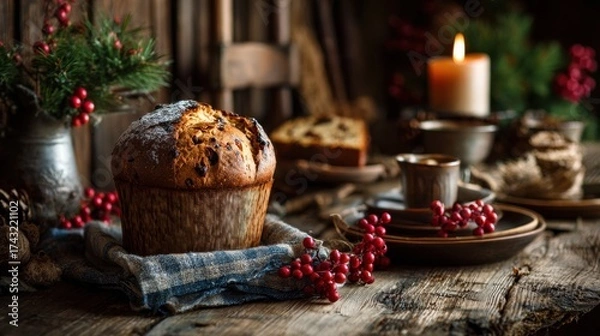 Fototapeta A cozy holiday scene featuring a festive cake, surrounded by seasonal decorations, warm candlelight, and rustic tableware, evoking a sense of comfort and celebration.
