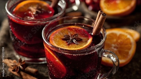 Fototapeta Two steaming mugs of spiced red drink, garnished with orange slices and cinnamon sticks, evoke a cozy, inviting atmosphere.