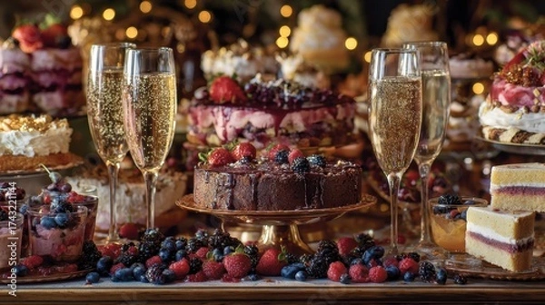Fototapeta A lavish dessert display featuring an array of cakes, pastries, and berries, complemented by sparkling drinks, perfect for celebrations or special occasions.