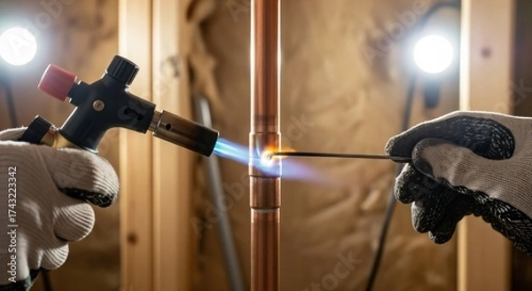 Obraz Professional plumber's gloved hands soldering copper water pipes with a gas torch and filler rod during a home renovation or construction project