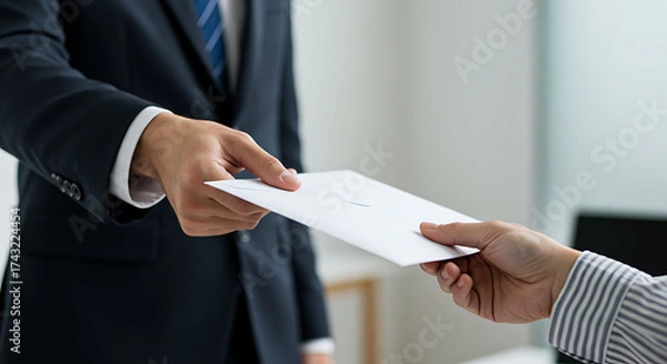 Obraz Close-up image of hands passing a white business envelope, suggesting a contract, job offer, or resignation