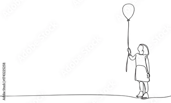 Fototapeta A child gazing upward, holding a floating balloon in a minimalist style