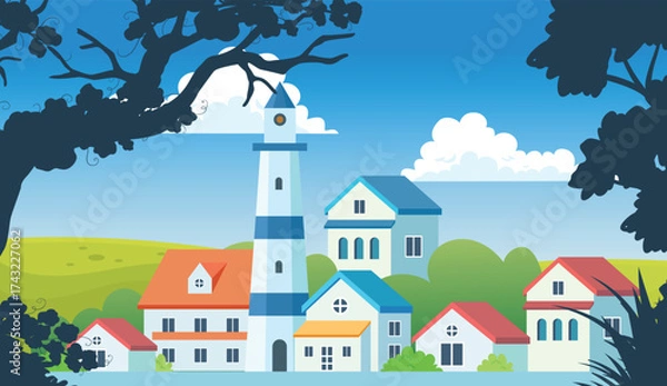 Fototapeta Flat illustration vector in bright colors. Geometric house background design.