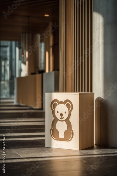 Fototapeta A wooden box with a bear image on the background of a modern interior
