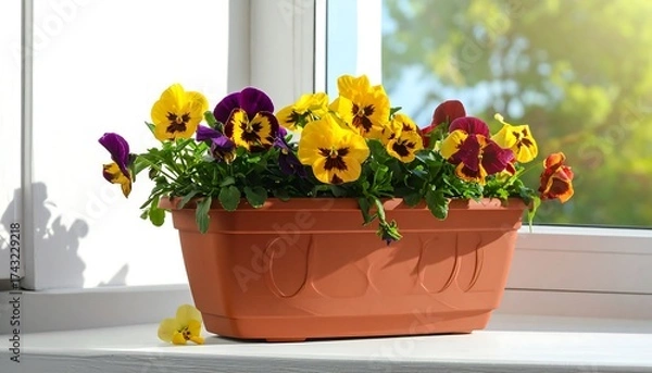 Fototapeta Vibrant Pansies in a Window Box - A Burst of Color.