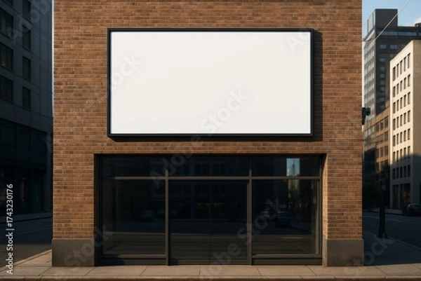 Obraz Blank white billboard mockup on brick building exterior with empty glass storefront in urban city street under natural daylight for advertising display. Ai generative