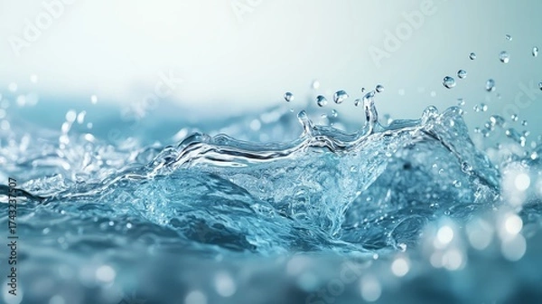 Fototapeta Close up shot of a water splash with droplets in shades of blue and white on a blurred background , 8k resolution 