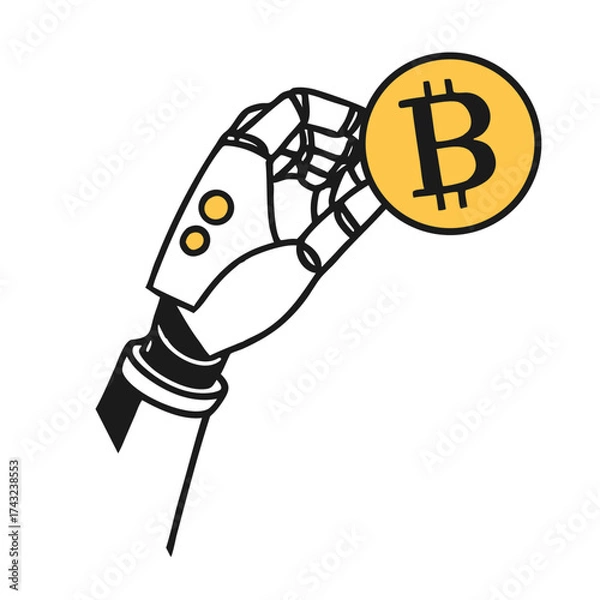 Fototapeta Robotic hand holding a bitcoin cryptocurrency coin