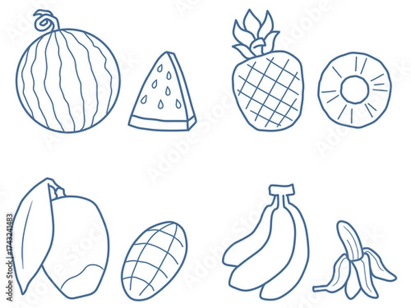 Obraz 夏の果物イラスト線画セット（スイカ・パイナップル・マンゴー・バナナ）