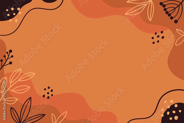 Fototapeta Autumn leaf on horizontal background. Wallpaper of leaf stalk line art and shadows on orange background. Fall seasonal vector illustration.