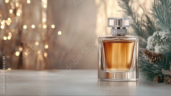 Obraz Elegant perfume bottle with warm amber liquid, surrounded by festive greenery