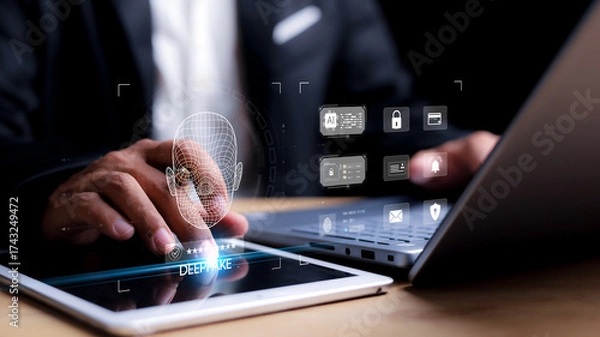 Fototapeta Deepfake detection and AI technology concept. Businessman using laptop and digital facial recognition interface for cybersecurity and identity verification.