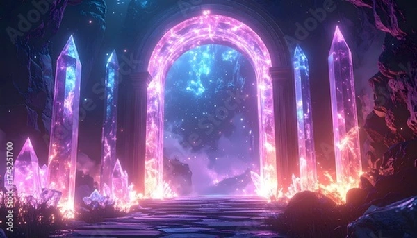 Fototapeta Mystical Glowing Crystal Portal in a Fantasy Cave.