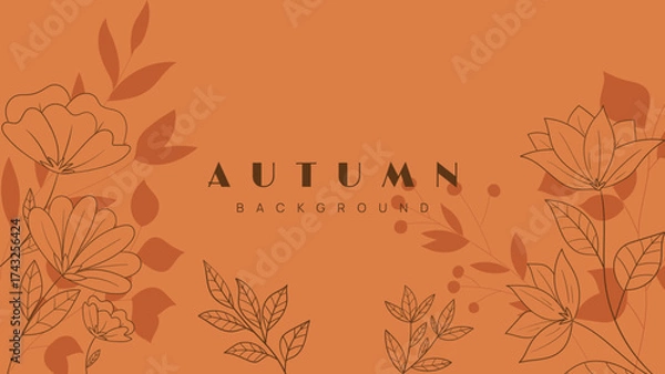 Fototapeta Autumn leaf on horizontal background. Wallpaper of leaf stalk line art and shadows on orange background. Fall seasonal vector illustration.
