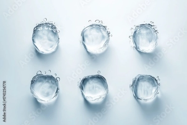Fototapeta Six crystal-clear water droplets on a smooth white surface, captured with sharp lighting and soft shadows.