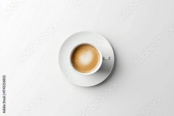 Fototapeta Top view of cappuccino coffee cup on clean white background, perfect for cafe branding or menu visuals
