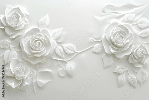 Fototapeta Elegant 3D white rose composition on soft background ideal for wedding banners and romantic branding