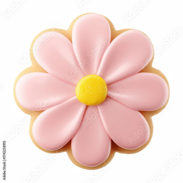 Fototapeta Realistic flower-shaped cookie with pink icing petals and yellow center, isolated on transparent background