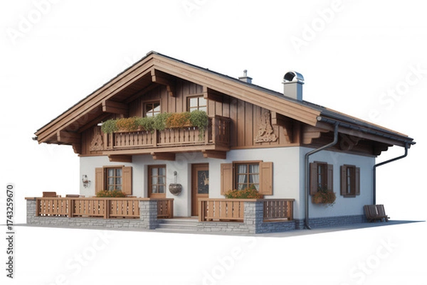 Fototapeta Charming Alpine Chalet with Wooden Accents and Balcony transparent background