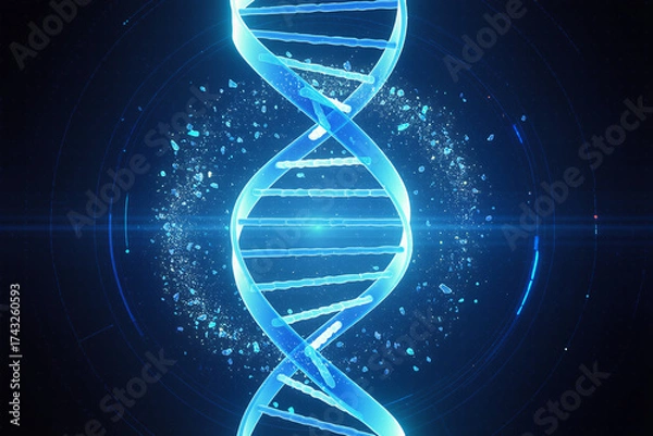 Obraz Ultra-realistic 8K 3D render of a glowing blue DNA double helix structure with futuristic light particles