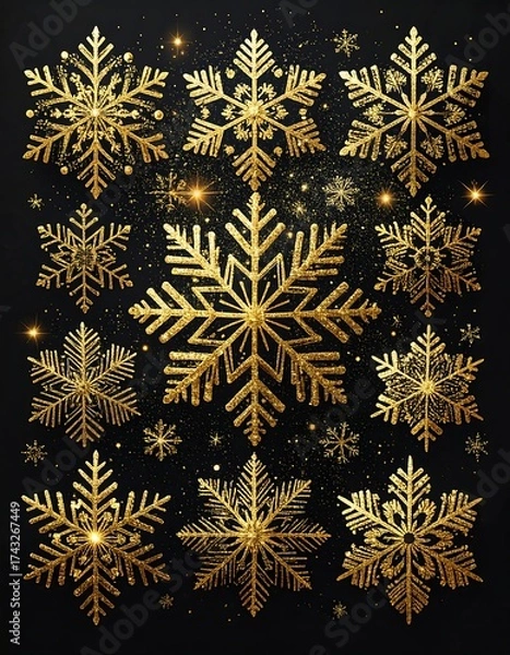 Fototapeta Golden snowflakes on dark background