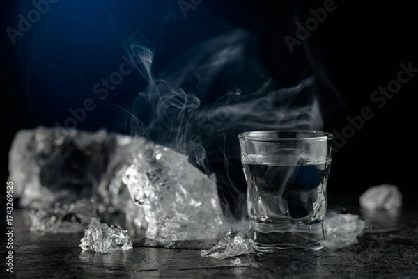 Obraz Crystal clear vodka in a glass on a black stone table.