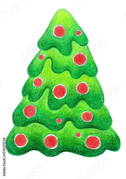 Fototapeta Festive Christmas tree illustration made with colored pencils. Drawn with smooth wavy lines. Hand drawn evergreen tree with red ornaments on white background. Ideal for holiday cards and designs.