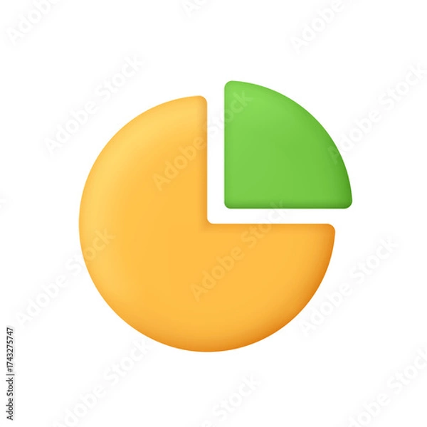 Fototapeta Pie chart with yellow and green segments. Presentation, infographic, analytics, financial planning, data analysis, statistics and business report concept. 3d vector icon. Cartoon minimal style.