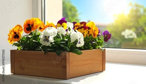 Obraz Vibrant Pansies in Wooden Planter on Sunny Windowsill.