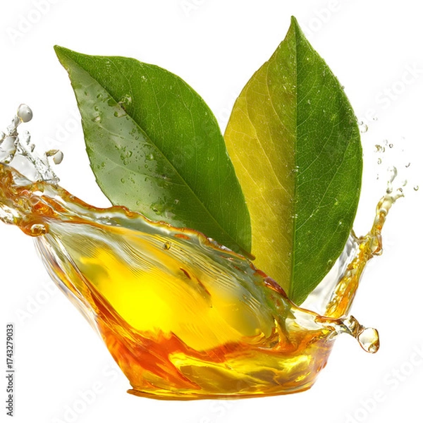 Fototapeta Tea splash with green leaves isolated on transparent background refreshing drink concept