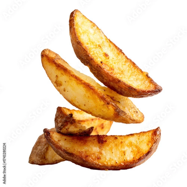 Fototapeta Golden potato wedges floating against a transparent background