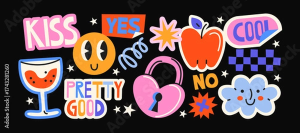 Obraz Futuristic y2k patches, labels, tags, stickers, bracelet stamps in retro. Cartoon stickers in funky hipster groovy grunge 90s style. Vector set, trendy promo labels	