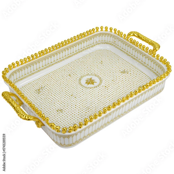 Fototapeta Elegant ceramic tray with gold accents and decorative detailing on transparent background