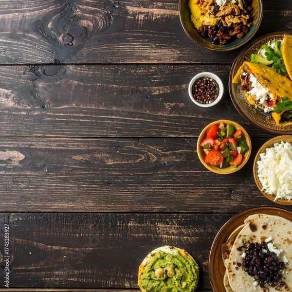 Obraz Various Latin American dishes on wooden table