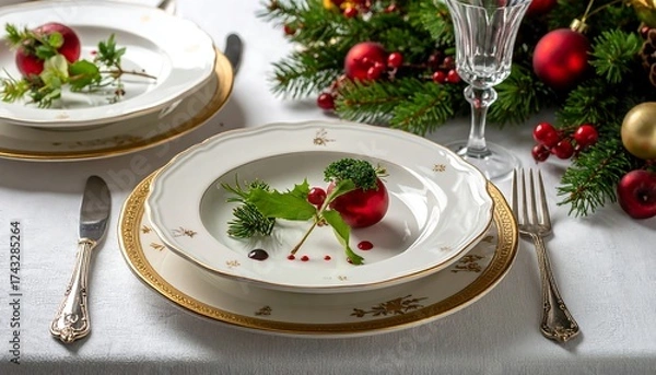 Obraz Elegant Christmas Table Setting with Festive Decorations and Fine China.