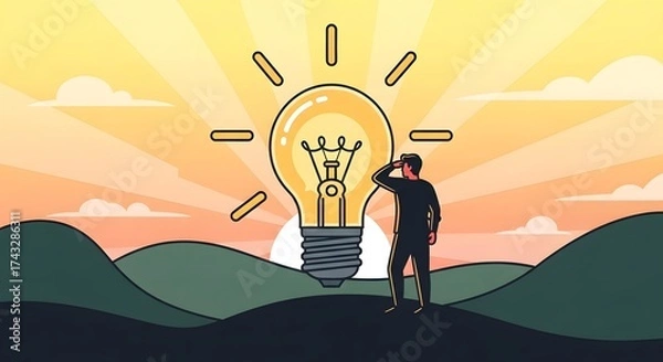 Obraz Man looks at a bright idea bulb under a beautiful sunrise, symbolizing innovation and new beginnings