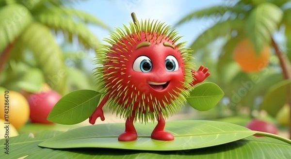 Fototapeta Cheerful 3D cartoon fruit character, a spiky red rambutan with big blue eyes and a friendly wave, standing on a large green leaf in a vibrant tropical setting, embodying joy and healthy living