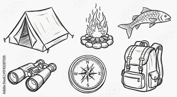 Fototapeta A collection of hand-drawn illustrations depicting essential camping and outdoor adventure gear, including a tent, campfire, fish, binoculars, compass, and backpack.