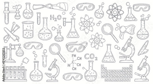Fototapeta Science themed doodle with beakers, test tubes, microscopes, and chemical formulas.
