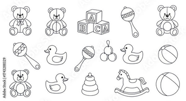 Fototapeta A collection of black and white line art illustrations featuring classic baby toys like teddy bears, rubber ducks, rattles, and blocks.