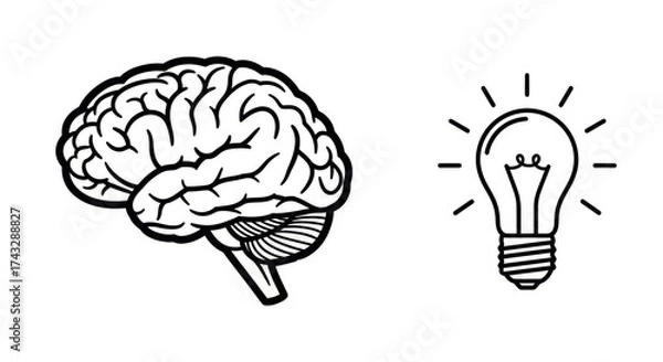 Fototapeta A black and white illustration of a human brain next to a lit lightbulb, symbolizing an idea or inspiration.