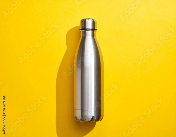Fototapeta Sleek metallic water bottle casting a shadow on a vibrant yellow background