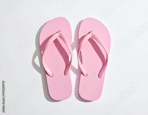 Fototapeta Pair of bright pink flip-flops casting shadows on a clean white surface, suggesting summer and vacation.