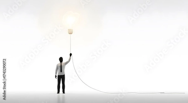 Fototapeta Businessman holding a glowing light bulb balloon, symbolizing a great idea, creativity, and innovation in a minimalist white space