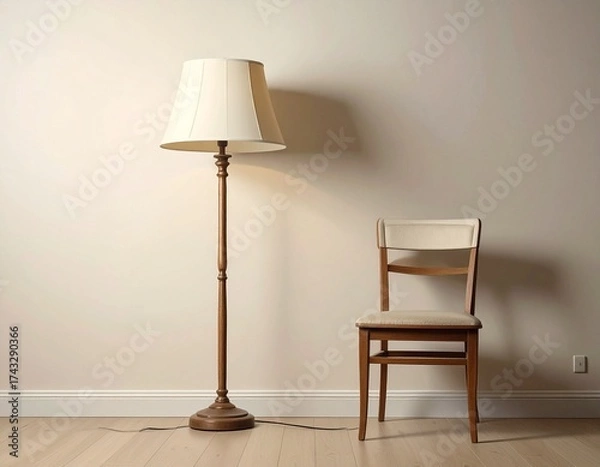 Fototapeta Vintage wooden floor lamp and simple chair against a neutral wall, creating a minimalist interior scene.