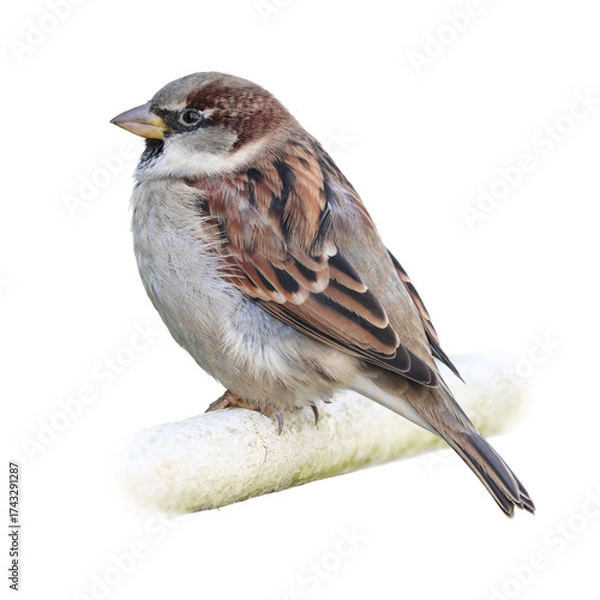 Obraz Close-up of a young male house sparrow isolated on white background. 