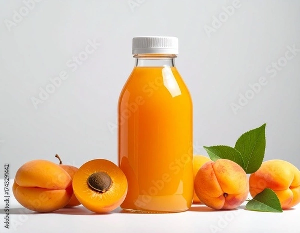 Fototapeta Refreshing apricot juice in a clear bottle surrounded by ripe apricots and green leaves on a white surface.