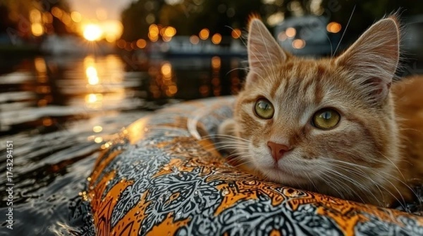 Obraz Orange tabby cat resting on a patterned float in water at sunset