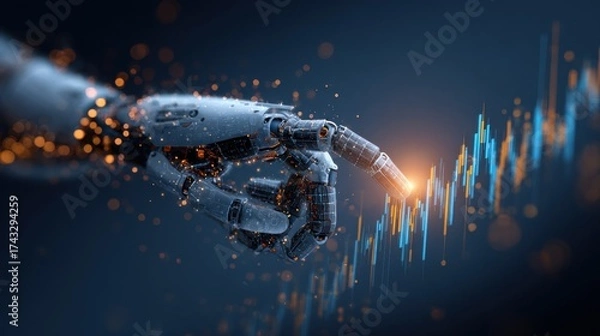 Obraz Robotic hand interacting with digital data stream in a futuristic setting