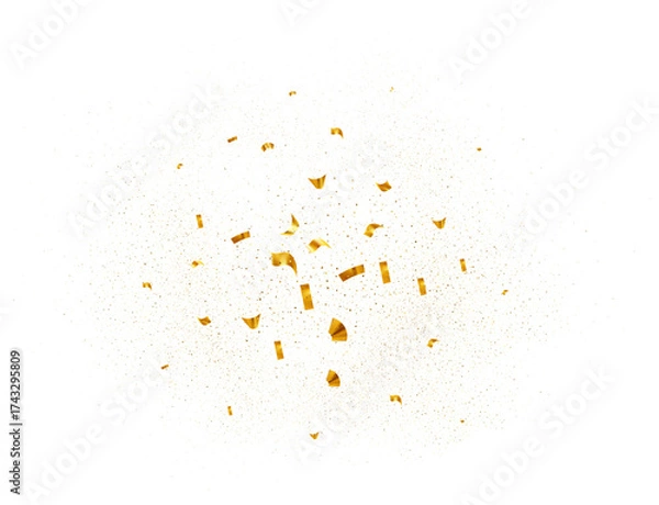 Fototapeta Flying gold realistic confetti tinsel. Explosion on carnival party, fireworks holiday event, surprise birthday, decoration greeting card for Christmas, New Year, Valentines, vector invitation Wedding